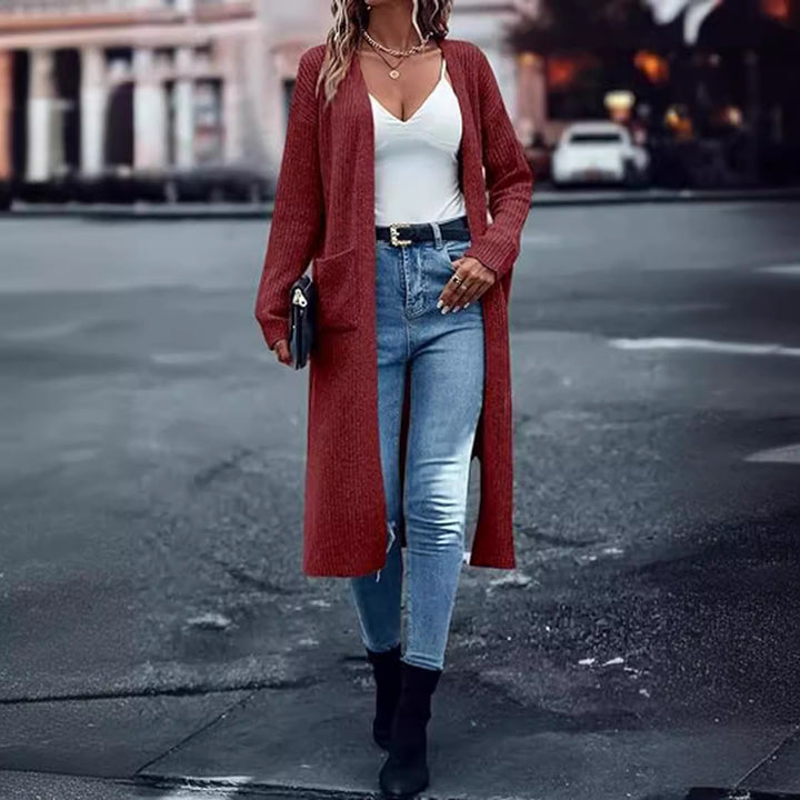 Woman Long knitted cardigan with deep pockets and open cut Lune London