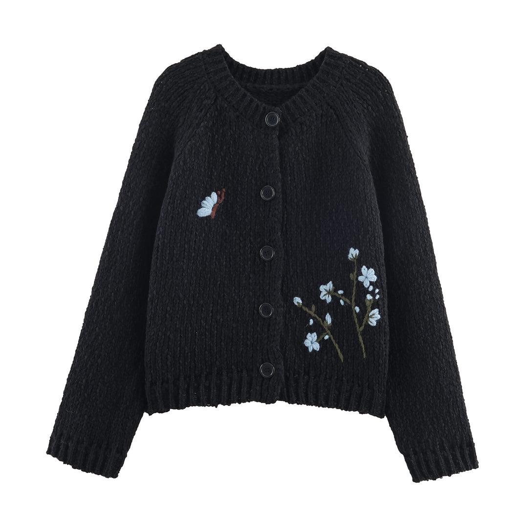 Knitted women’s jacket with embroidered floral pattern and button closure Lune London