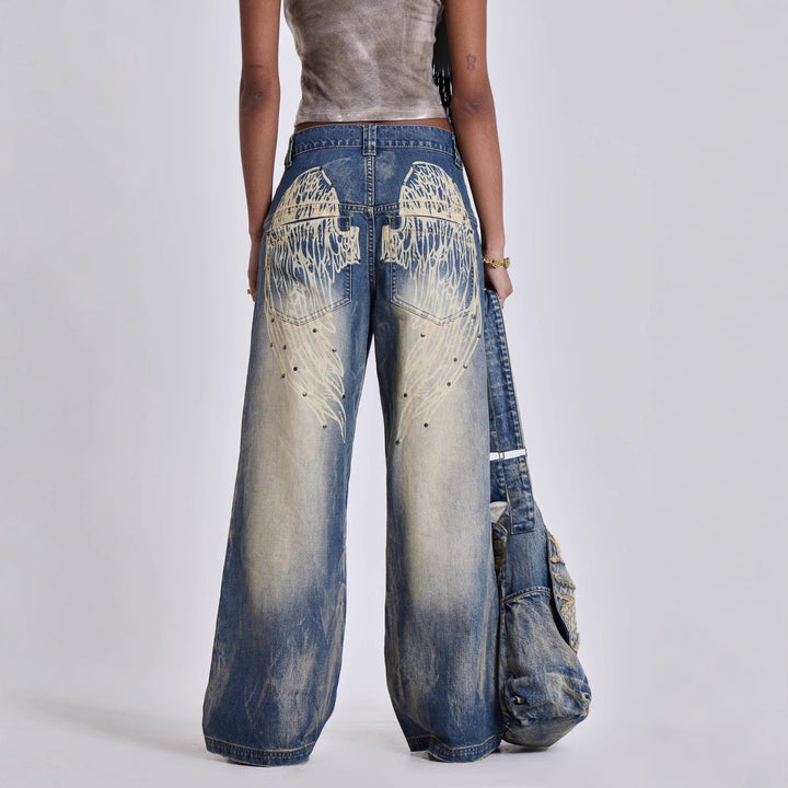 Women's wide jeans with artistic wing design and unique details Lune London