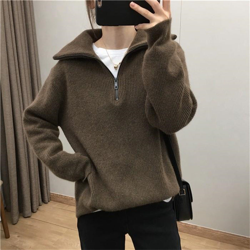 Knit sweater for women with high collar and half-zip Lune London