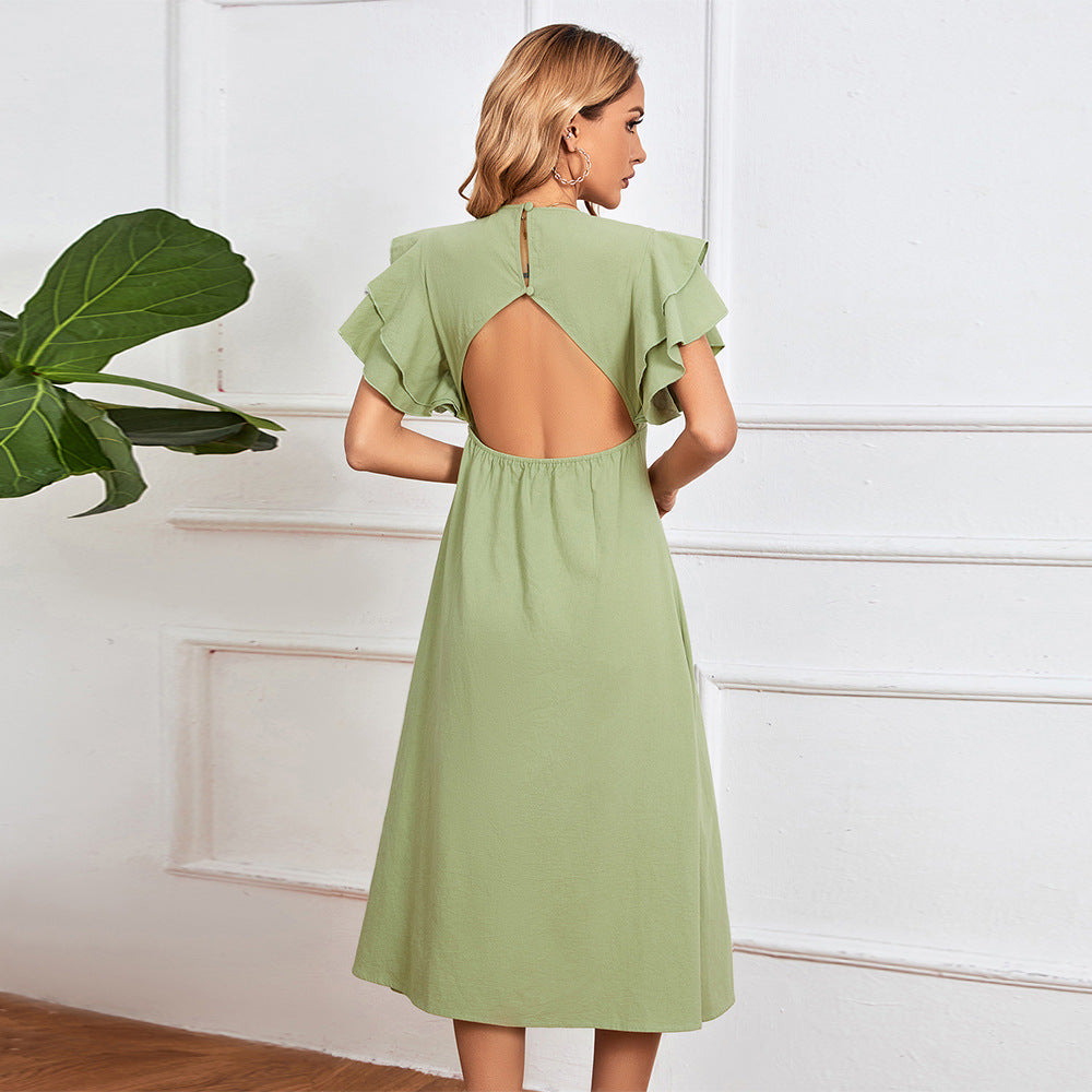 Elegant midi dress for women with ruffle details and button placket Chic & Stil