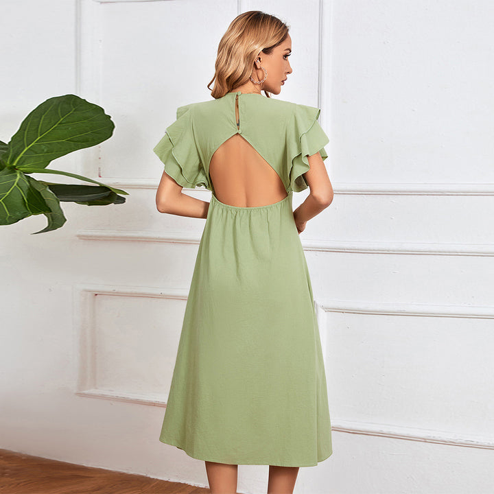 Elegant midi dress for women with ruffle details and button placket Chic & Stil