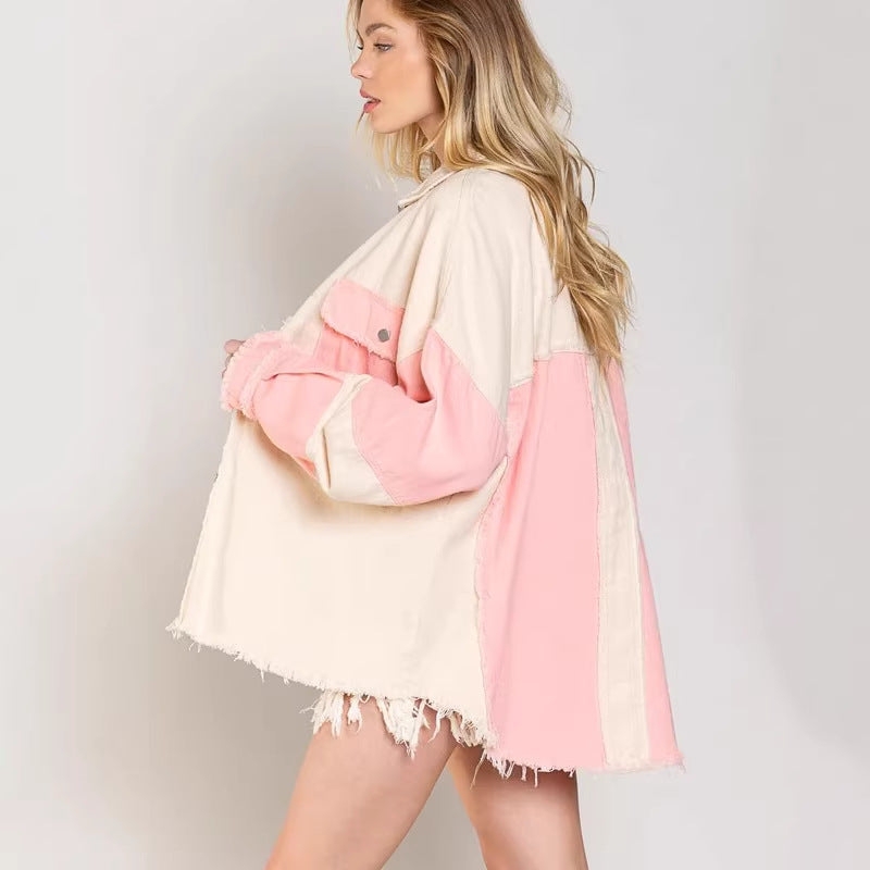 Women's Oversized Denim Jacket with Unique Color Blocks and Fringed Details Lune London