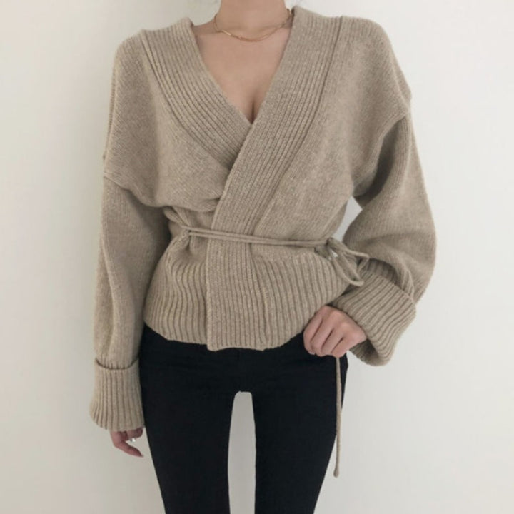 Women's Knit Tie Jacket with Belt and Stand Collar Lune London