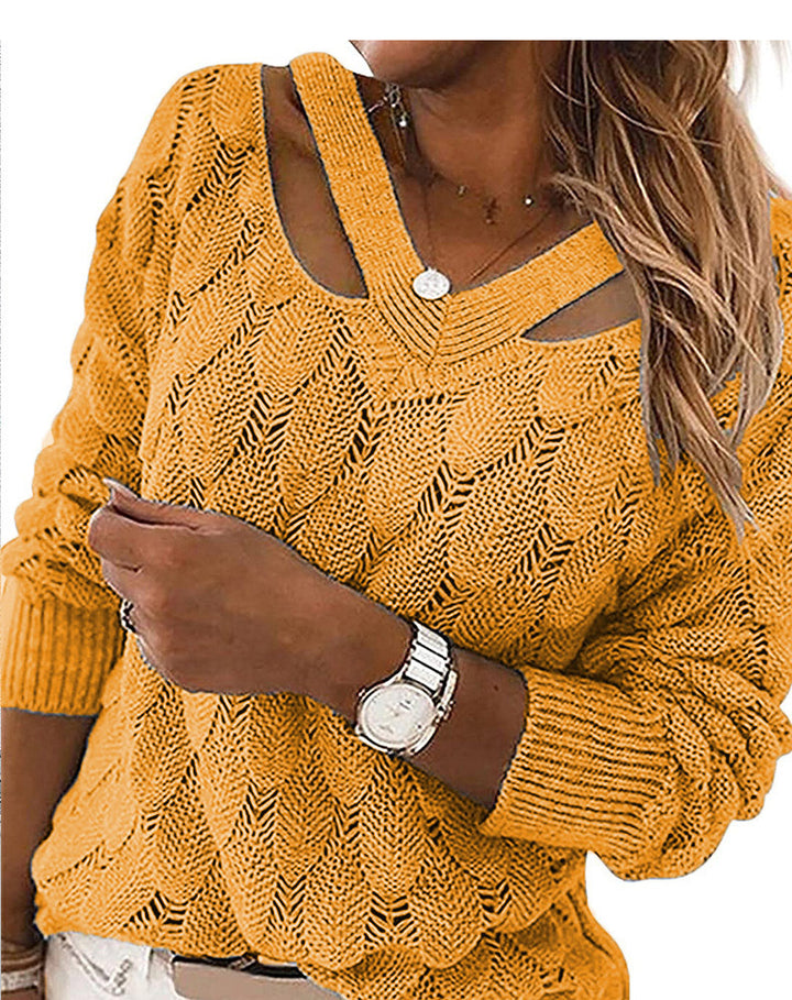 Knitted sweater for women with V-neck and refined ribbed structure Lune London