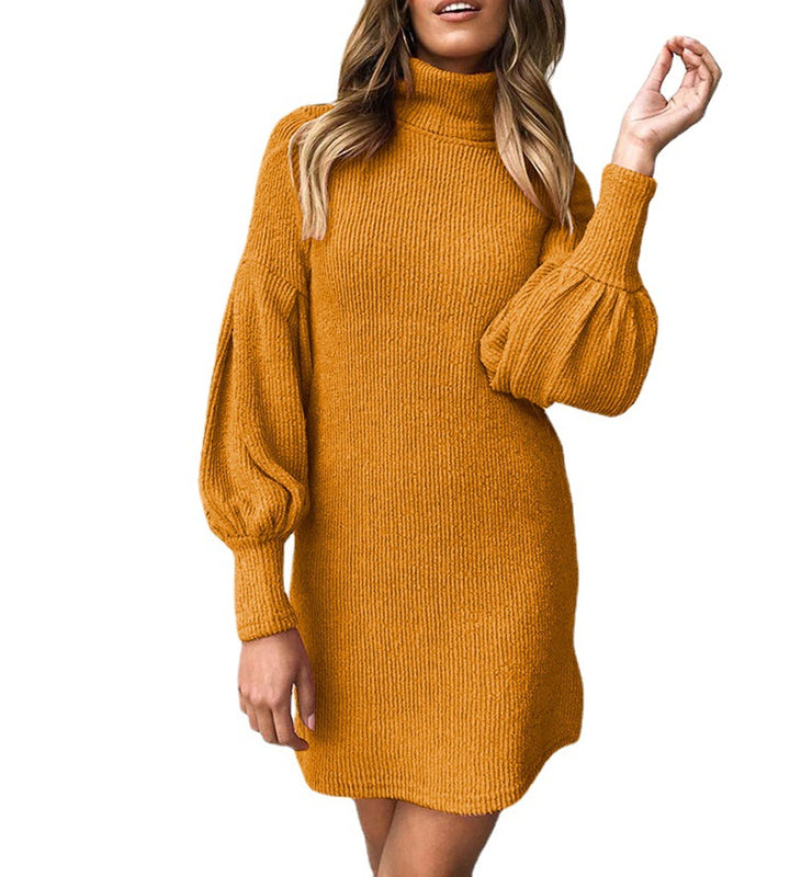 Knit dress in cozy material for women with high neck and puff sleeves Lune London