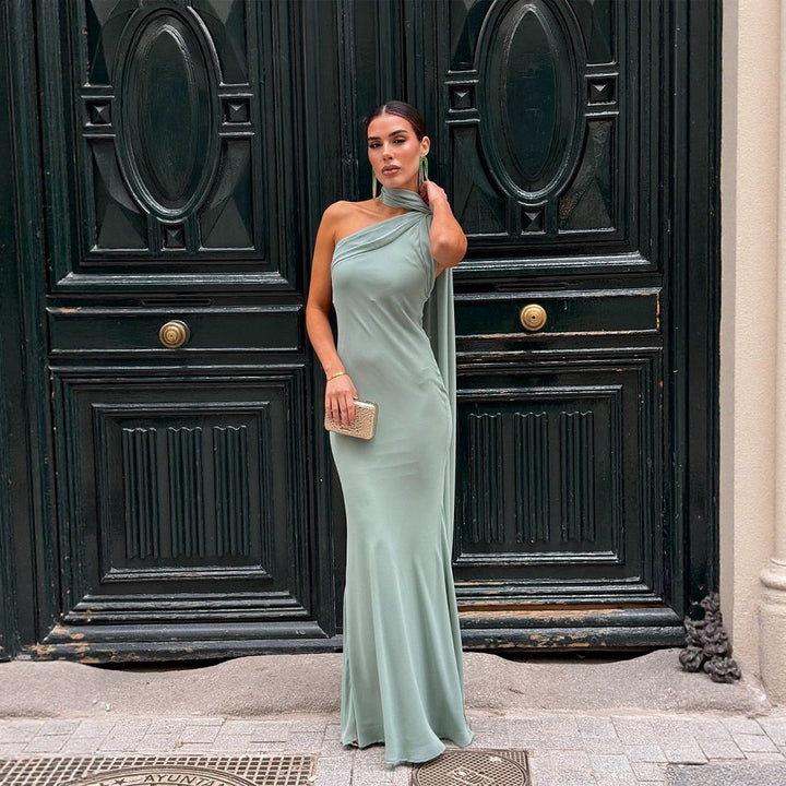 Women's Elegant, One-Sided Strapless Maxi Dress with Flowing Fabric and Chic Neck Scarf Lune London