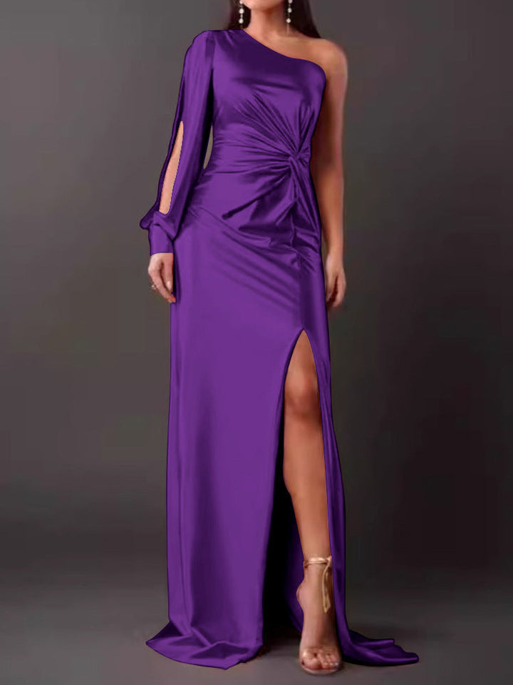 Women's Evening Dress with Asymmetric Neckline and Elegant Pleats Lune London