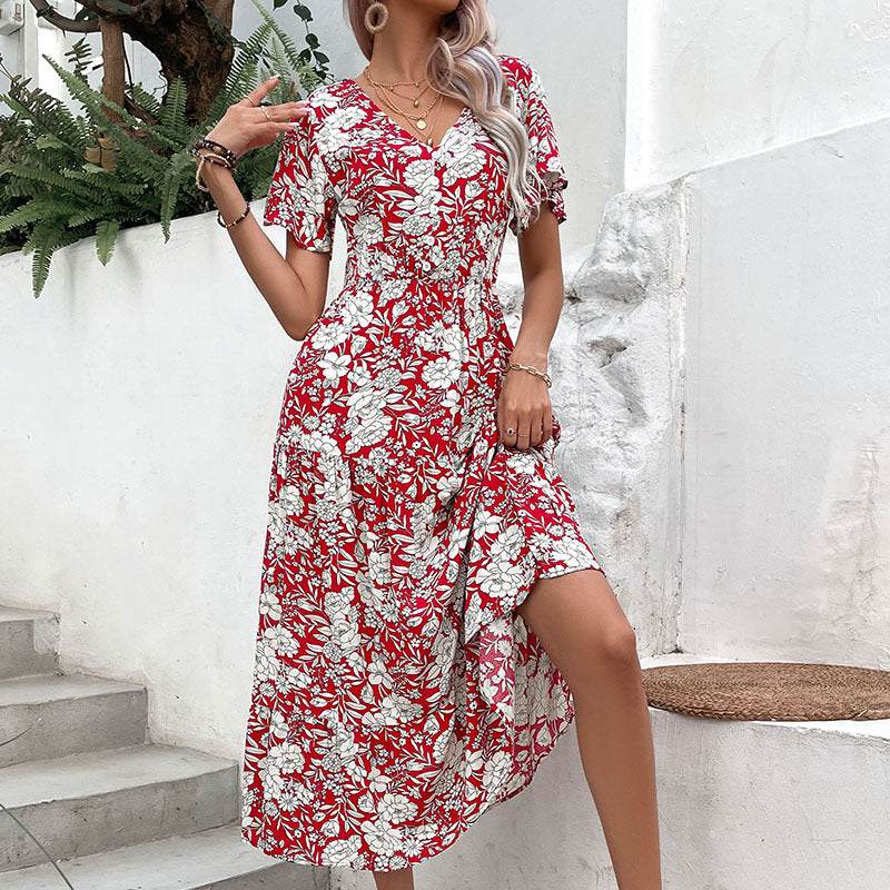 Midi floral print dress for women with V-neck and floating short sleeves Lune London