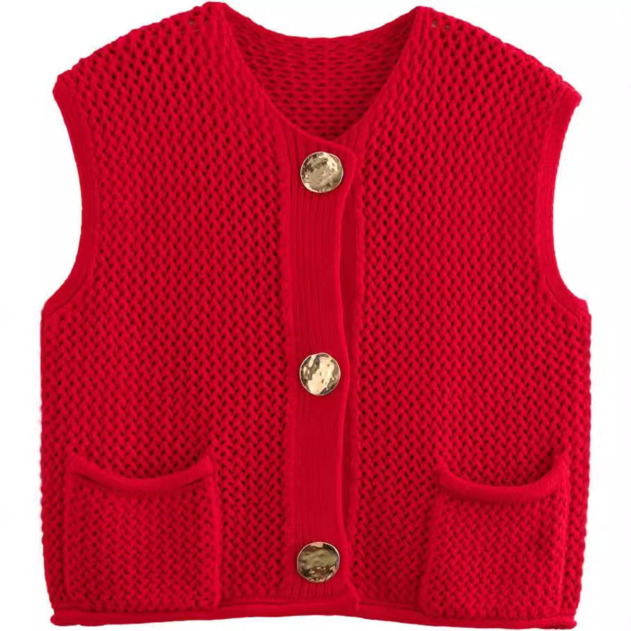 Ladies knitted vest with decorative buttons and pockets Lune London
