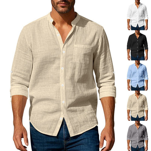 Linen shirt for men with stand-up collar and chest pocket Lune London