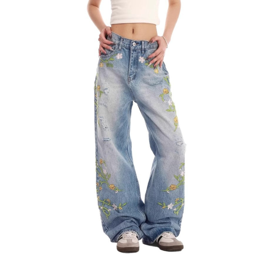 Ladies embroidered wide Denim jeans Lune London