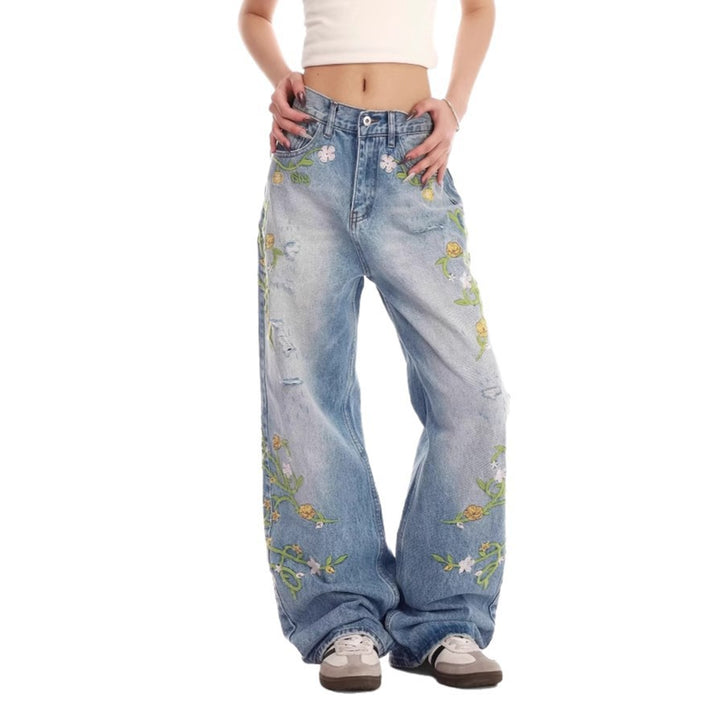 Ladies embroidered wide Denim jeans Lune London