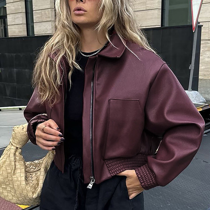 Trendy synthetic leather jacket for women in an oversized style with elastic belt Lune London