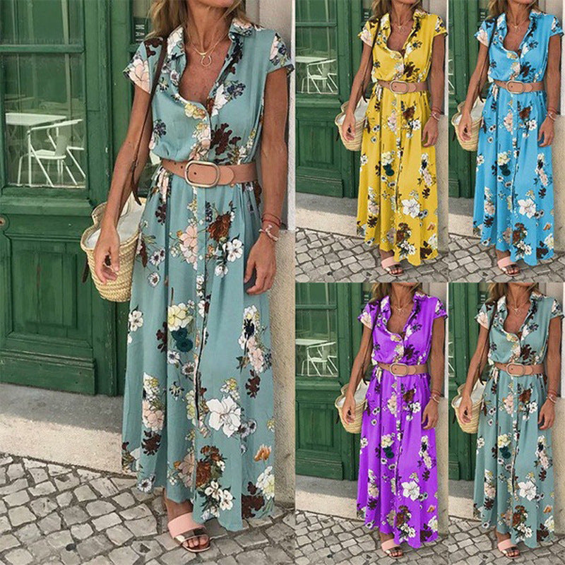 Maxi dress for women with floral pattern and elegant waist belt Lune London