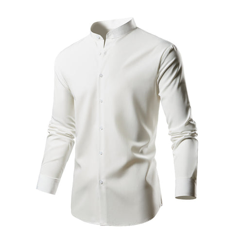 Long sleeve kimono shirt for men with modern stand collar and stylish button details Lune London
