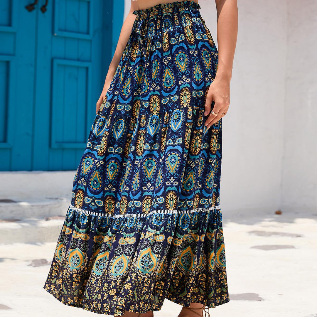 Long skirt for women with artistic paisley pattern and voluminous hem Lune London