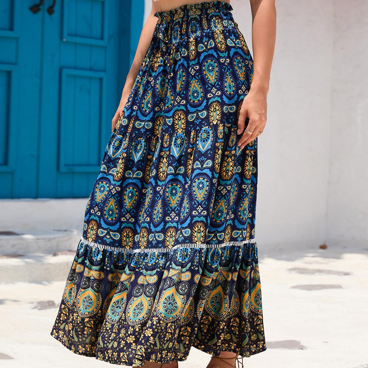 Long skirt for women with artistic paisley pattern and voluminous hem Lune London