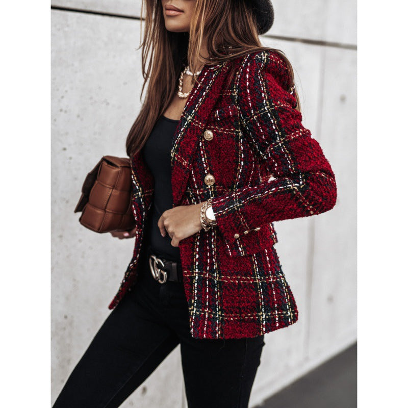 Plaid jacket for women with gold buttons and textured fabric Lune London
