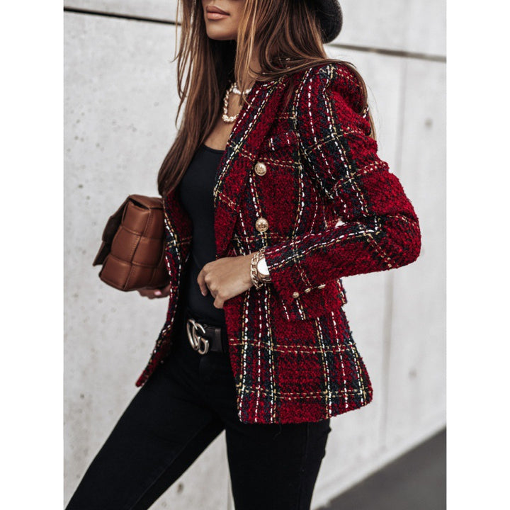 Plaid jacket for women with gold buttons and textured fabric Lune London