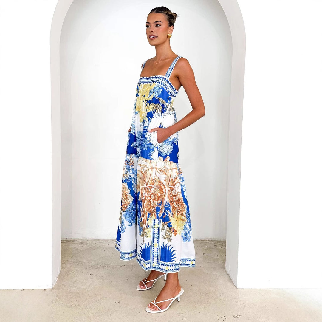 Women's Maxi Beach Dress in Floral Design with Adjustable Spaghetti Straps