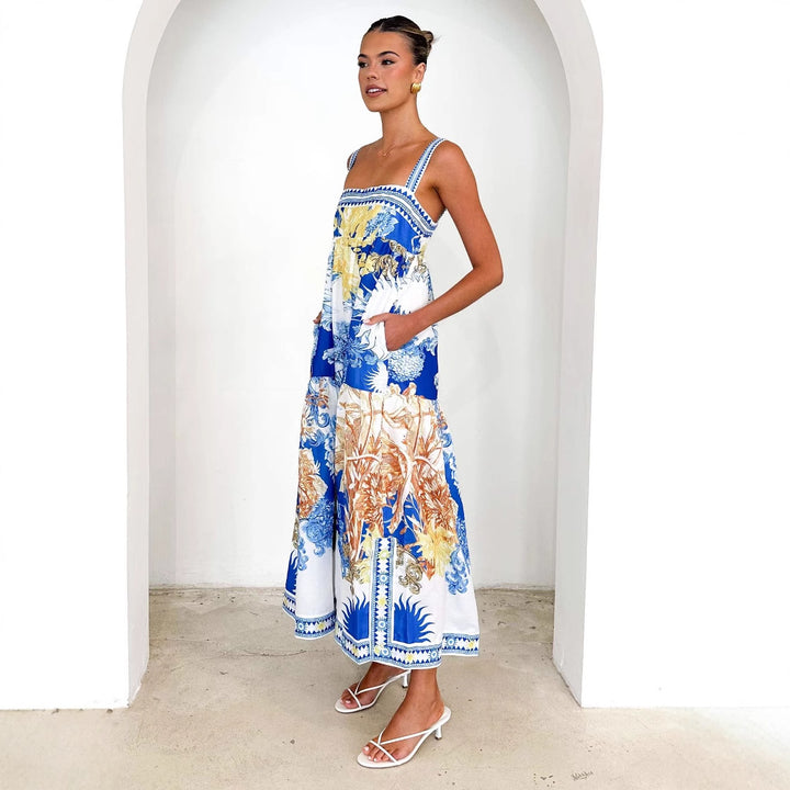 Women's Maxi Beach Dress in Floral Design with Adjustable Spaghetti Straps