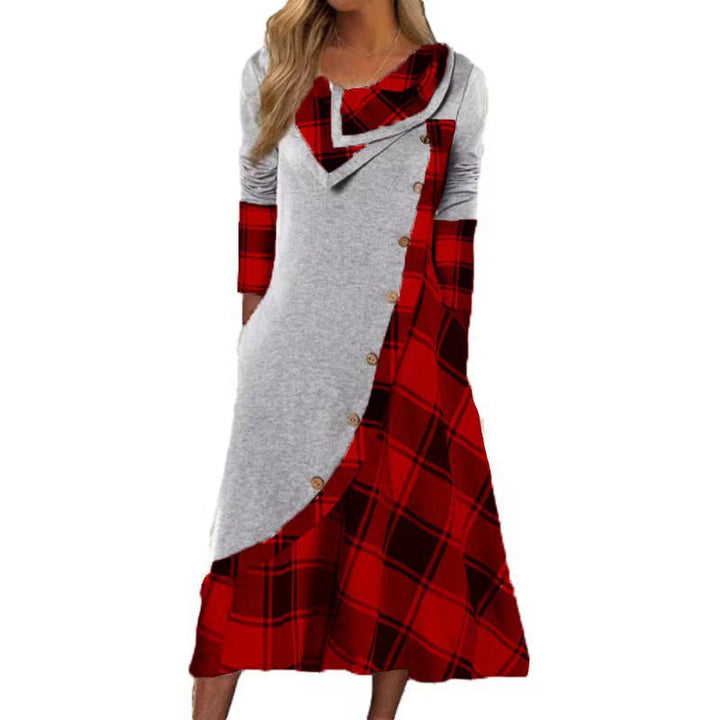 Lune London | Plaid Split Button Pocket Stacked Collar Long Sleeve Dress