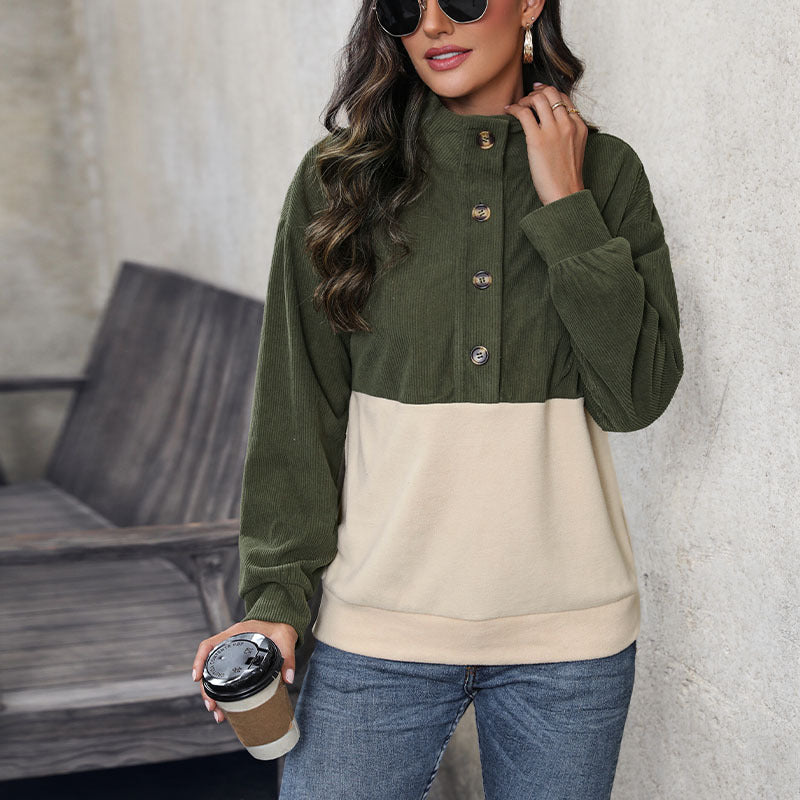 Lune London women's corduroy turtleneck sweater with button detail