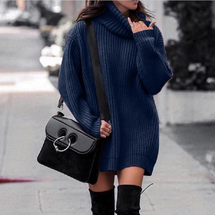 Knitted dress for women with high collar and ribbed structure Lune London