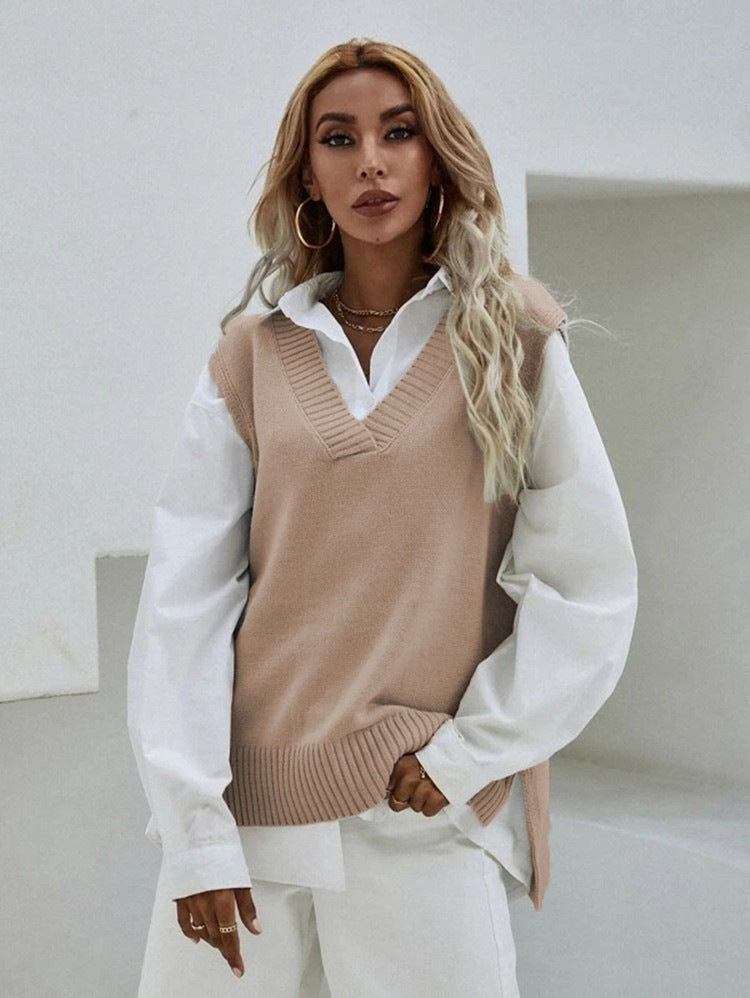 Knit vest for women with V-neck and ribbed edge Lune Londonl