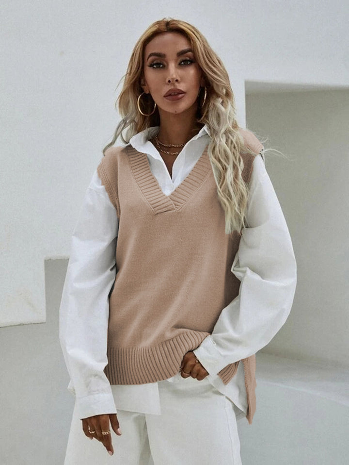 Knit vest for women with V-neck and ribbed edge Lune Londonl