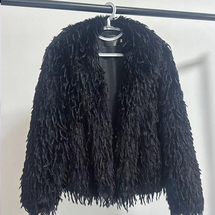 Ladies Short Cozy Jacket in Synthetic Fur with Chic and Stylish V-Neck