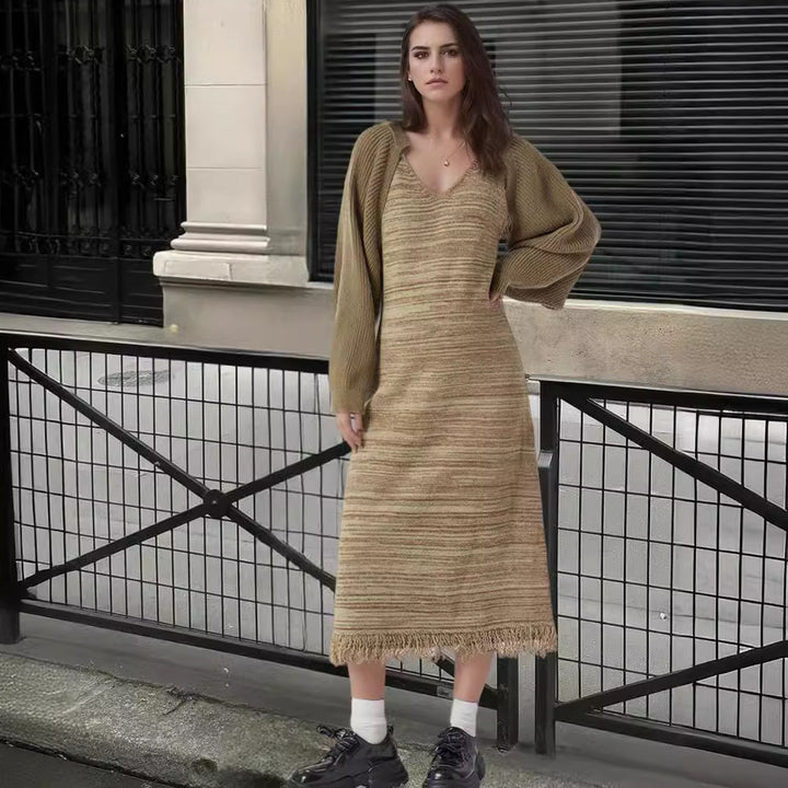 Knitted dress for women with wide U neckline and fringe hem Lune London