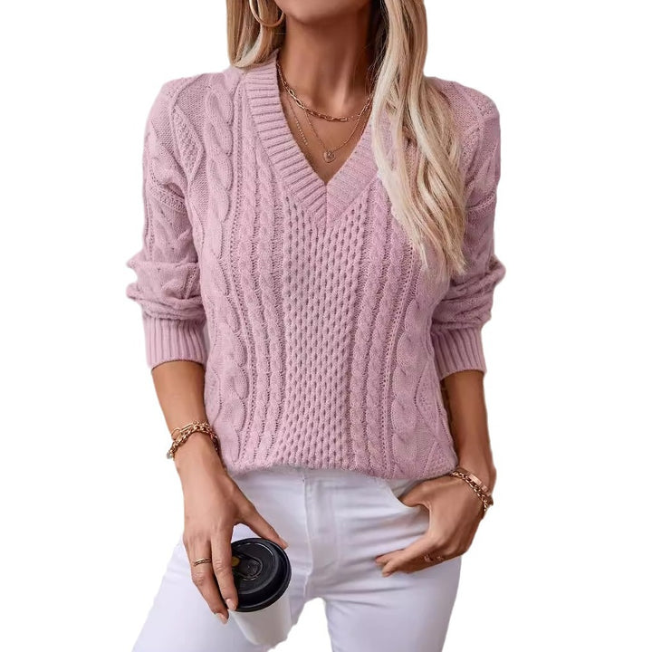Women's knit sweater with deep V-neck and cable knit pattern Lune London