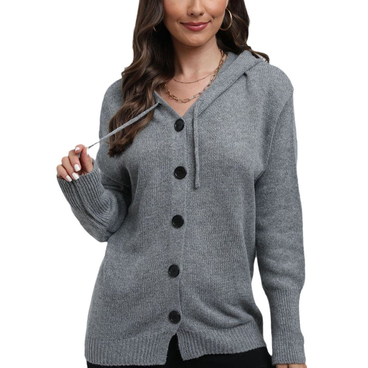 Hooded knit jacket for women with button closure and wide ribbed pattern Lune London
