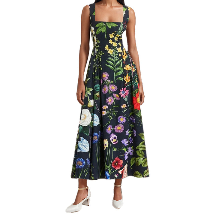 Robe maxi embellie floral pour femmes avec encolure carrée et jupe fluide Chic & Stil