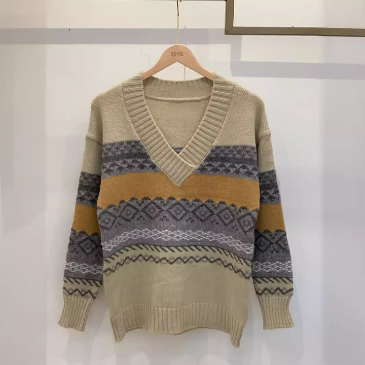 Pull en tricot pour femmes avec un design graphique moderne et décolleté en V Lune London