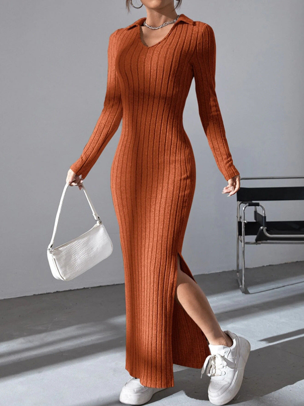 Ribbed long sleeve dress for women with slit and collar Lune London