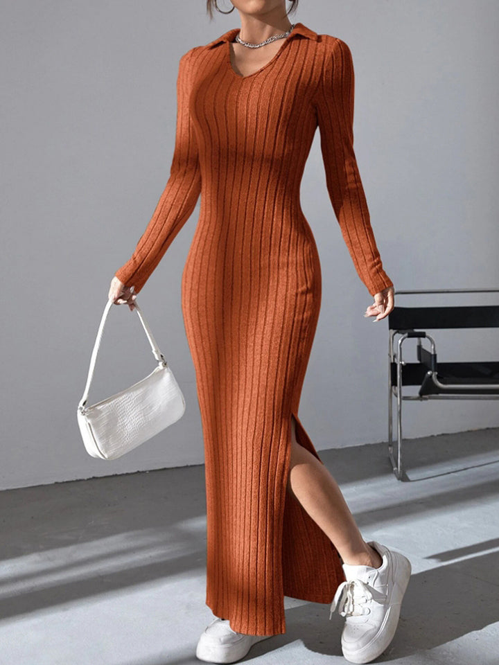 Ribbed long sleeve dress for women with slit and collar Lune London