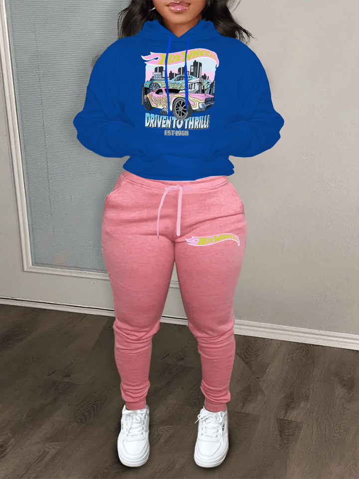 Comfortable hoodie and jogger pants set for women with striking car pattern Lune London