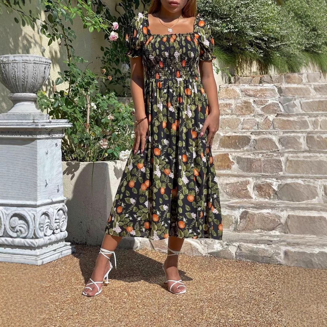 Maxi dress for women with floral embroidery and elastic insert Lune London