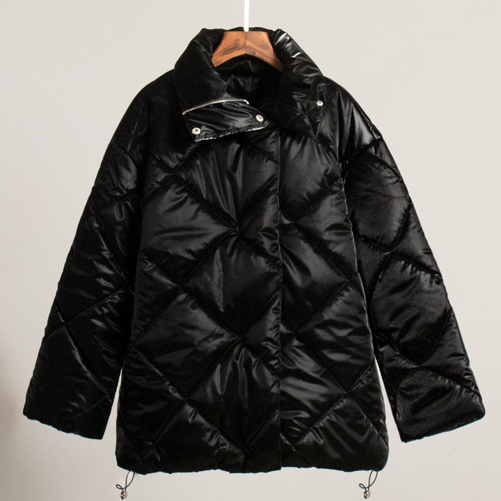 Ladies padded quilted jacket with high collar and practical pockets Lune London