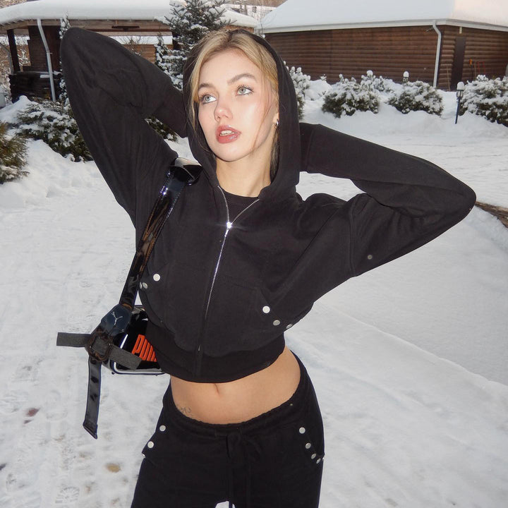 Ladies sweat-crop hoodie with innovative snap button details Lune London