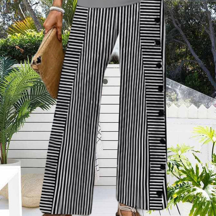 Pantalons palazzo larges à rayures pour femmes avec des détails de bouton pratiques Chic & Stil