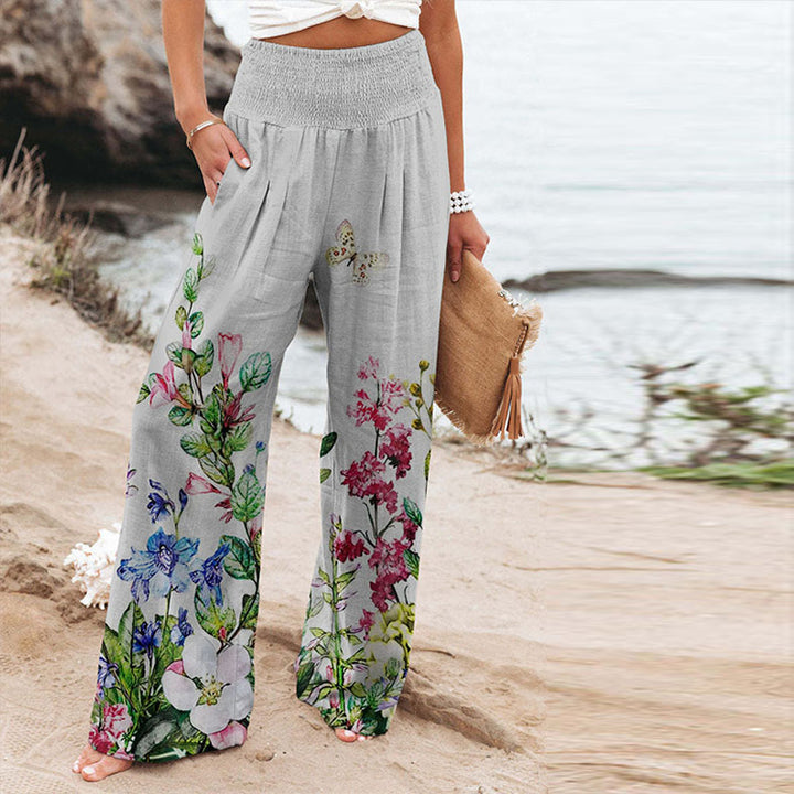 Palazzo pants for women with floral pattern and elastic waist Lune London