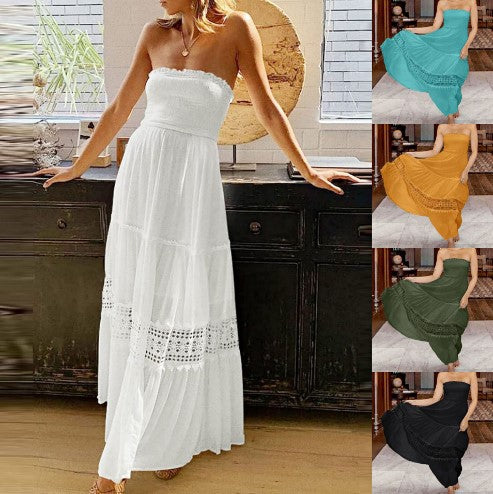 Maxi strapless dress for women with an elegant lace trim Lune London