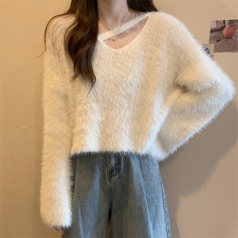 Pull Femme Fluffy à Coupe Décontractée et Décolleté en V Profond Chic & Stil