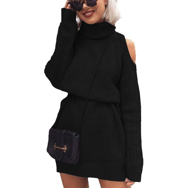 Knit turtleneck dress for women with off-the-shoulder design and waist belt Lune London