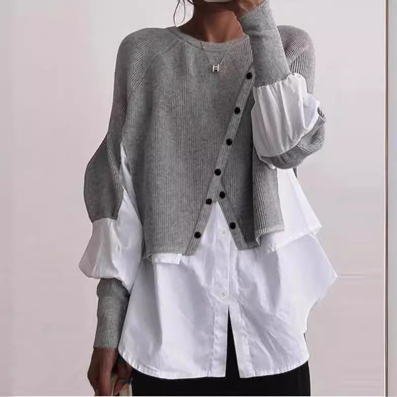 Ladies modern knit jacket with button details and chic overshirt style