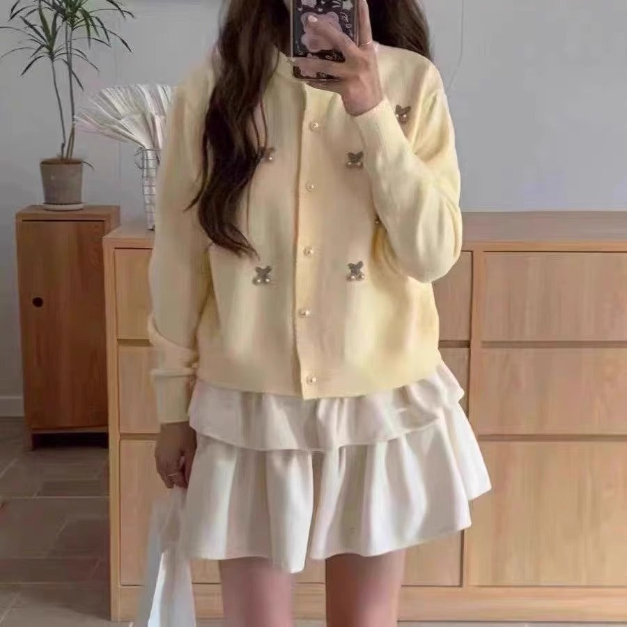 Ladies fashion cardigan with bear appliqués and button details Lune London